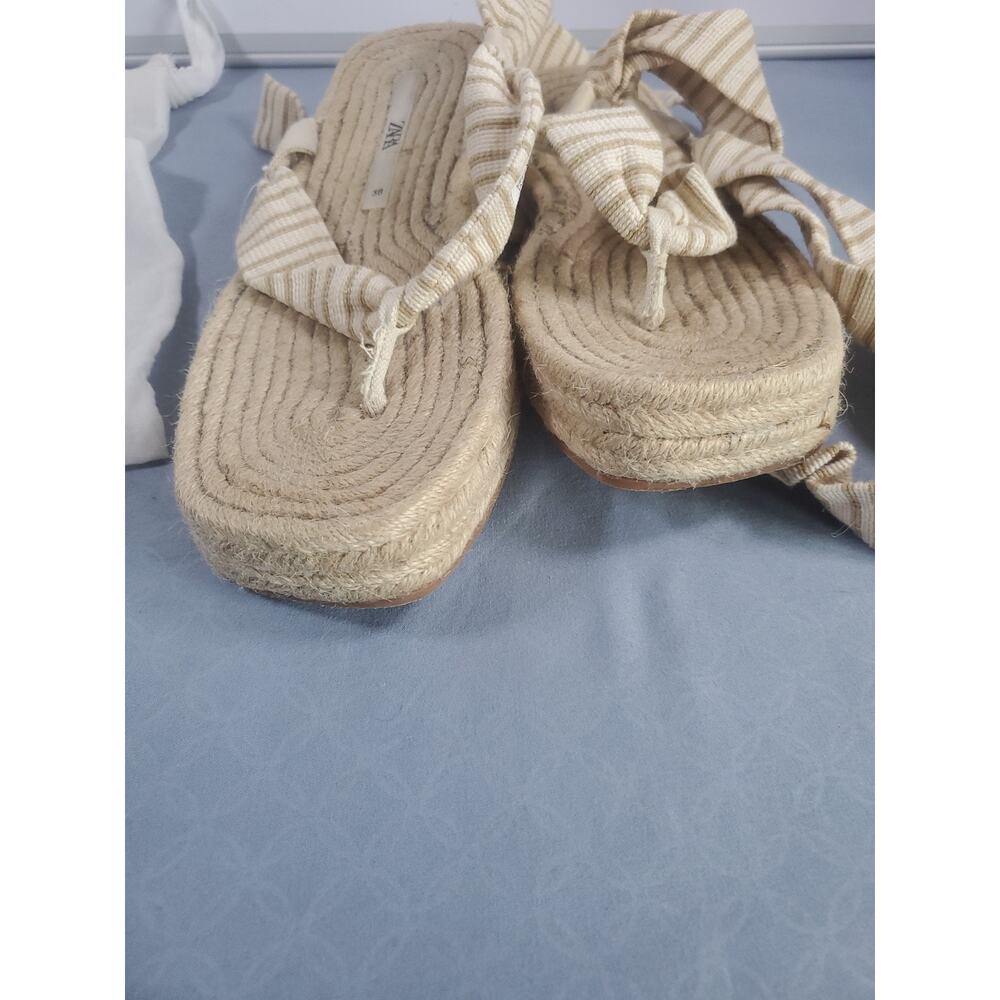 ZARA Striped Espadrille Sandals Women Size 7.5 Lace Up Ankle Tie Flat Jute Boho - Picture 11 of 14